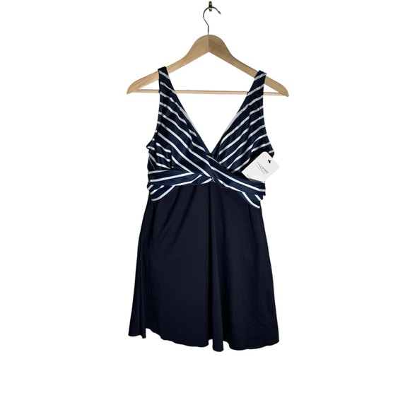 Dolfin Aquashape Wrap Front Swim Dress One Piece Swimwear Navy White Size 16 NWT - Picture 3 of 7